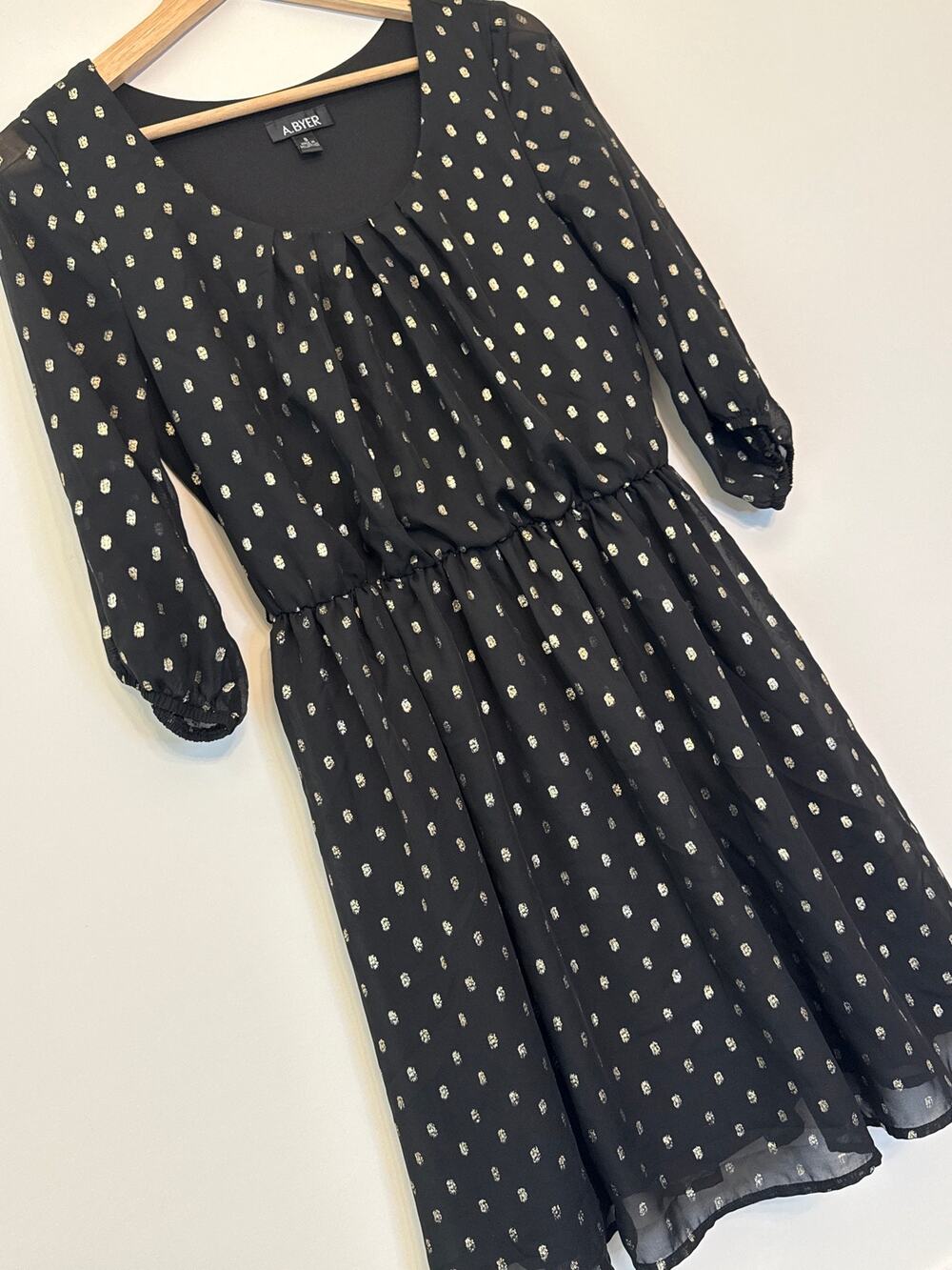 A Byer Black Gold Polka Dot Fit and Flare Dress S